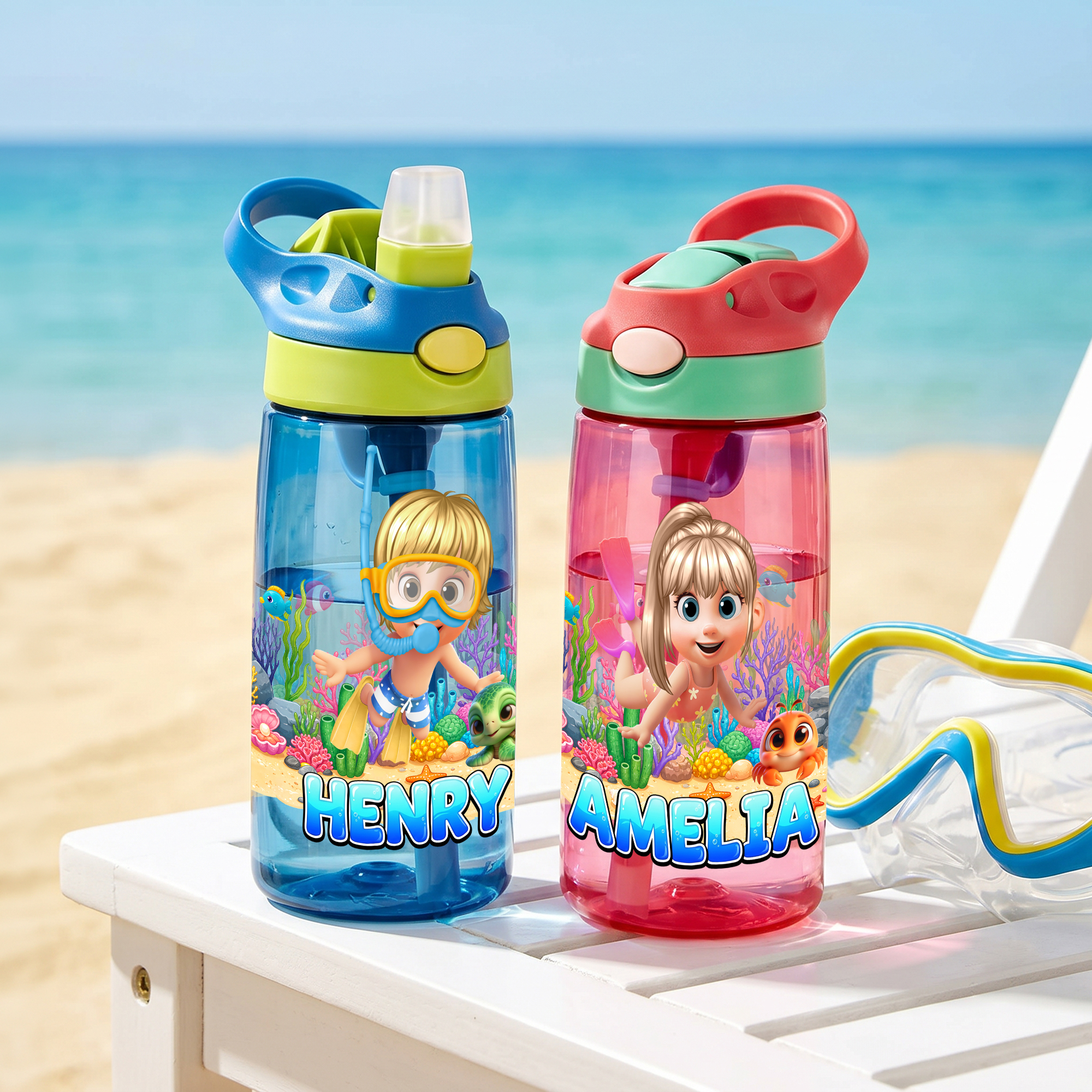 Individuell gestaltete Cartoon-Trinkflasche für Kinder mit Taucher- und Meerestier-Motiv, 16 oz, mit Namen und Strohhalm – Geschenk für Sommerferien, Schulanfang und Geburtstag für Mädchen und Jungen