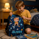 Sac à dos personnalisé avec personnage de dessin animé : licorne fantastique et dinosaure, avec prénom. Pour un usage quotidien, la rentrée scolaire ou comme cadeau d'anniversaire pour filles, garçons