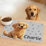 Personalised Pet Photo Paw Print Waterproof Non-Slip PU Leather Pet Food Mat with Name Home Decor Birthday Gift for Pet Lovers