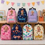 Sac à dos personnalisé avec personnage de dessin animé : licorne fantastique et dinosaure, avec prénom. Pour un usage quotidien, la rentrée scolaire ou comme cadeau d'anniversaire pour filles, garçons