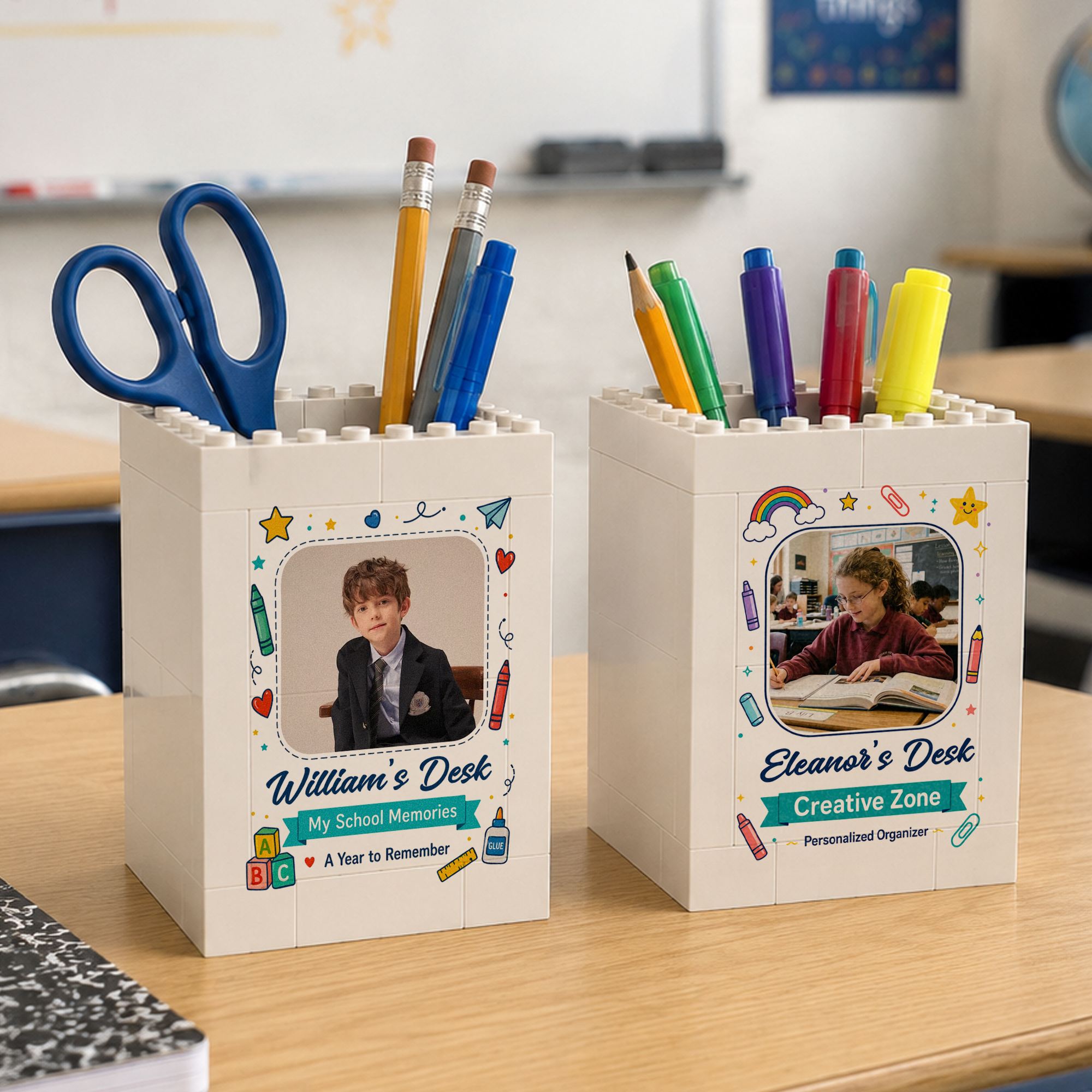 Personalisierter Buntstift-Stifthalter in Regenbogenoptik mit Foto und Bausteinen, mit Namen, für den täglichen Gebrauch, Schreibtischdekoration, Geschenk zum Schulanfang oder Geburtstag für Kinder