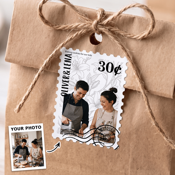 Personalized Linear Floral Stamp Design Photo Sticker with Text and Face Value Daily Use Vacation Travel Birthday Gift for Couples Family Friends