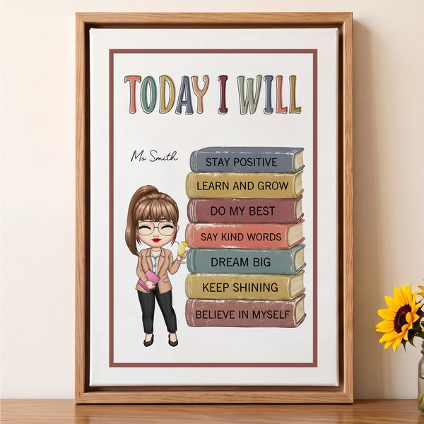 Personalized Cartoon Teacher Character Canvas Print with Text Wall Decor Ship from USA with Name Back to School Appreciation Gift for Teacher