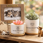 Personalised Never Forgotten Line Drawing Succulent Planter Pot with Bamboo Tray and Pet Name Sympathy Loss of Pet Memorial Gift for Pet Owner
