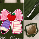 Personalised Imitation Winding Style Bow Teacher Corduroy Tote Bag with Text Daily Use Back to School Birthday Gift for Woman Teacher