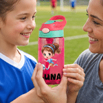 Personalized Cartoon Kid Character 16 oz Straw Water Bottle with Name and Initial Daily Use Back to School Birthday Gift for Kids Soccer Players