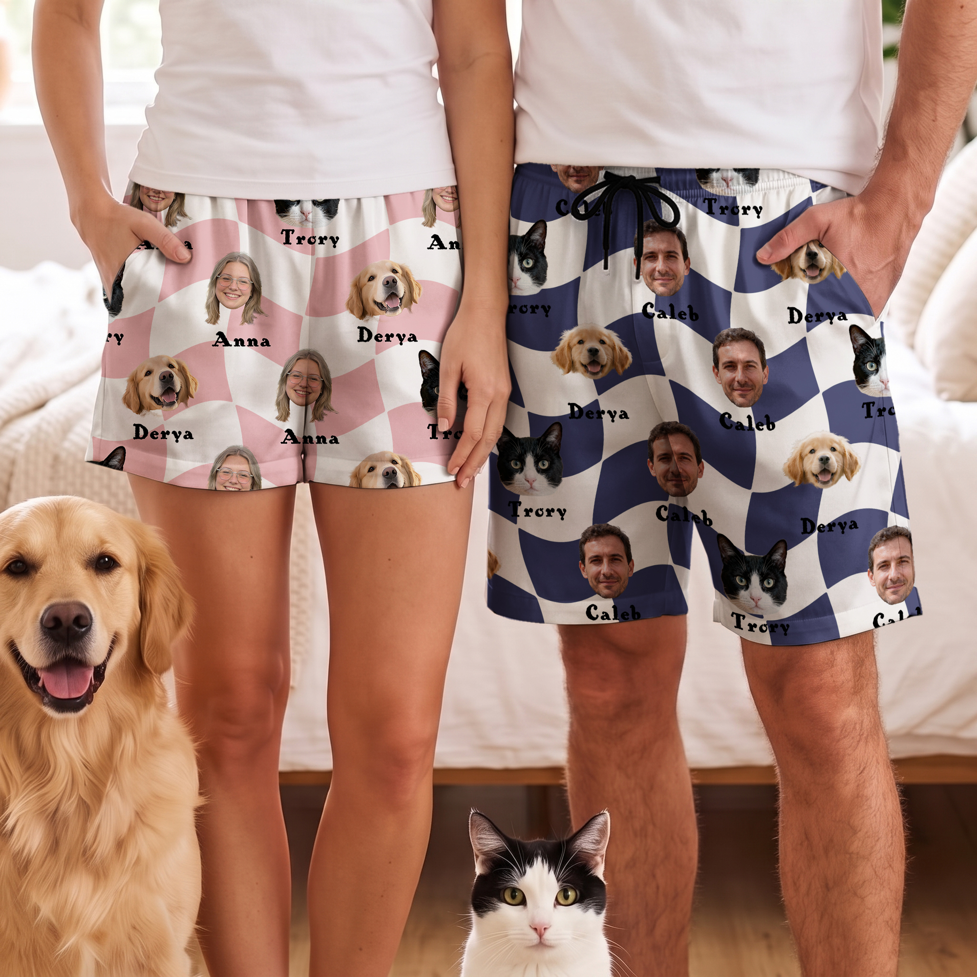 Individuell gestaltete Pyjama-Hose im Schachbrettmuster mit Foto, Namen und zusätzlicher Tasche – Schlafbekleidung als Geburtstagsgeschenk für Frauen, Männer und Haustierbesitzer