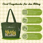 Personalisierte Cord-Tragetasche | Geburtsblume mit Spitzenverzierung und Namen | Shopper mit großem Fassungsvermögen | Geschenk für Frauen