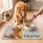 Personalised Pet Photo Paw Print Waterproof Non-Slip PU Leather Pet Food Mat with Name Home Decor Birthday Gift for Pet Lovers
