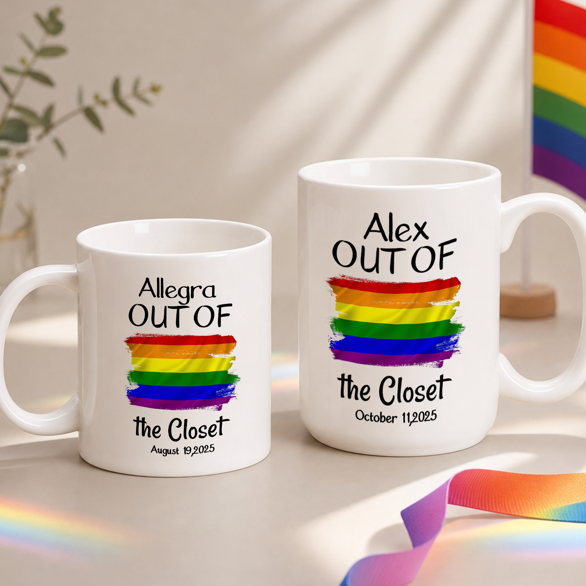 Personalisierte Regenbogen-LGBTQ-Keramik-Tasse (11 oz, 15 oz) mit Namen und Text – für den täglichen Gebrauch, als Geschenk zur Pride-Parade oder zum Jahrestag für ein LGBTQ-Paar