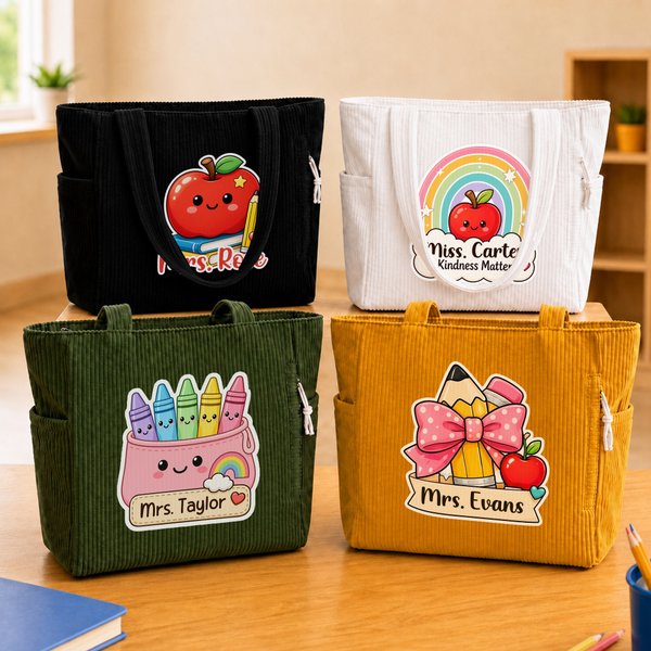 Personalized Pencil Teacher Theme Design Large Capacity Corduroy Tote Bag with Title & Surname Thank You Birthday Gift for Teacher
