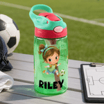 Personalized Cartoon Kid Character 16 oz Straw Water Bottle with Name and Initial Daily Use Back to School Birthday Gift for Kids Soccer Players