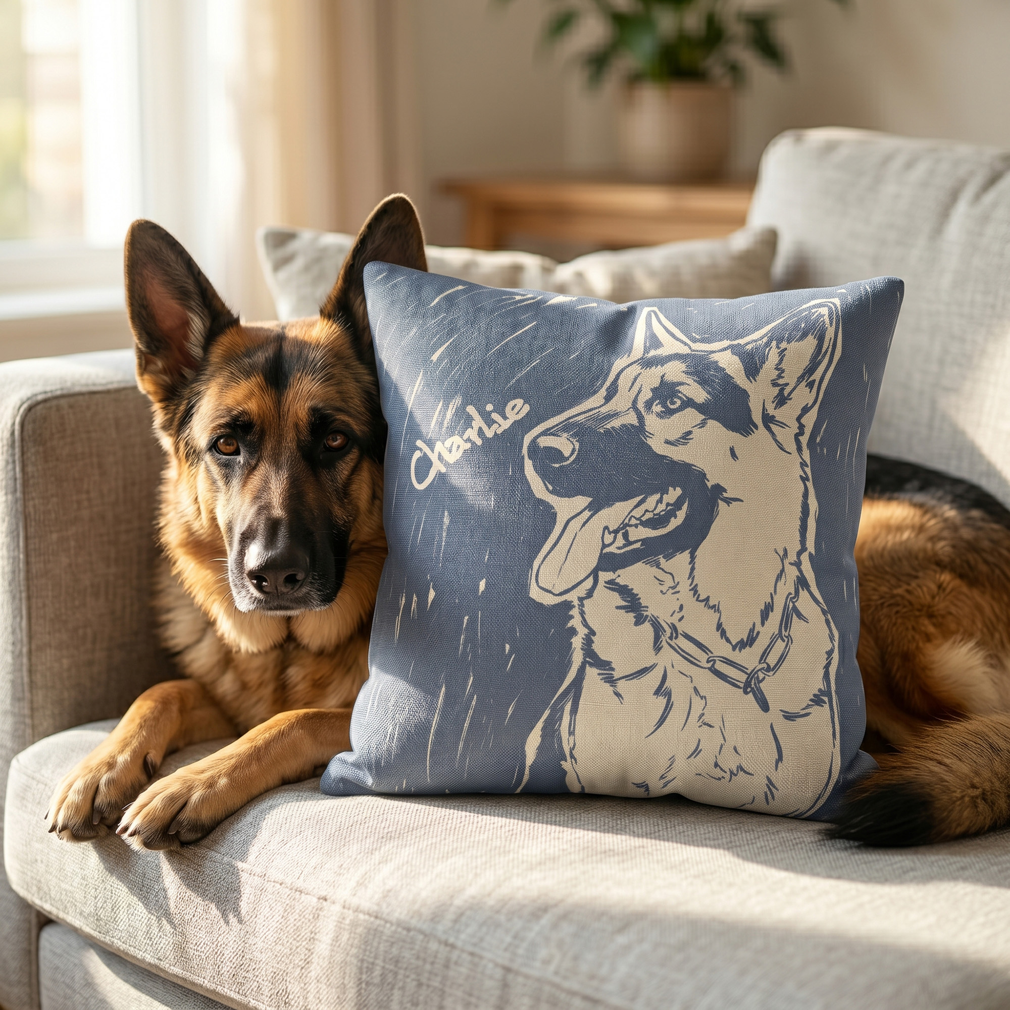 Individuell gestalteter, handgezeichneter Kissenbezug im Doodle-Stil mit Haustierfoto und Namen – Wohnaccessoire, Geburtstags- und Weihnachtsgeschenk für Hunde- und Katzenbesitzer