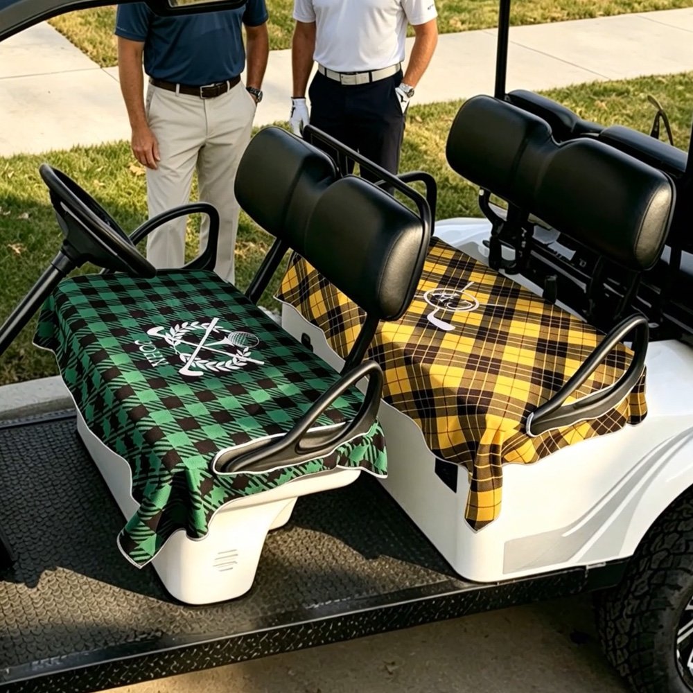 Personalised Golf Club Wreath Plaid Golf Cart Seat Cover with Name and Initial Golf Course Accessories Birthday Gift for Golfers Country Clubs 3