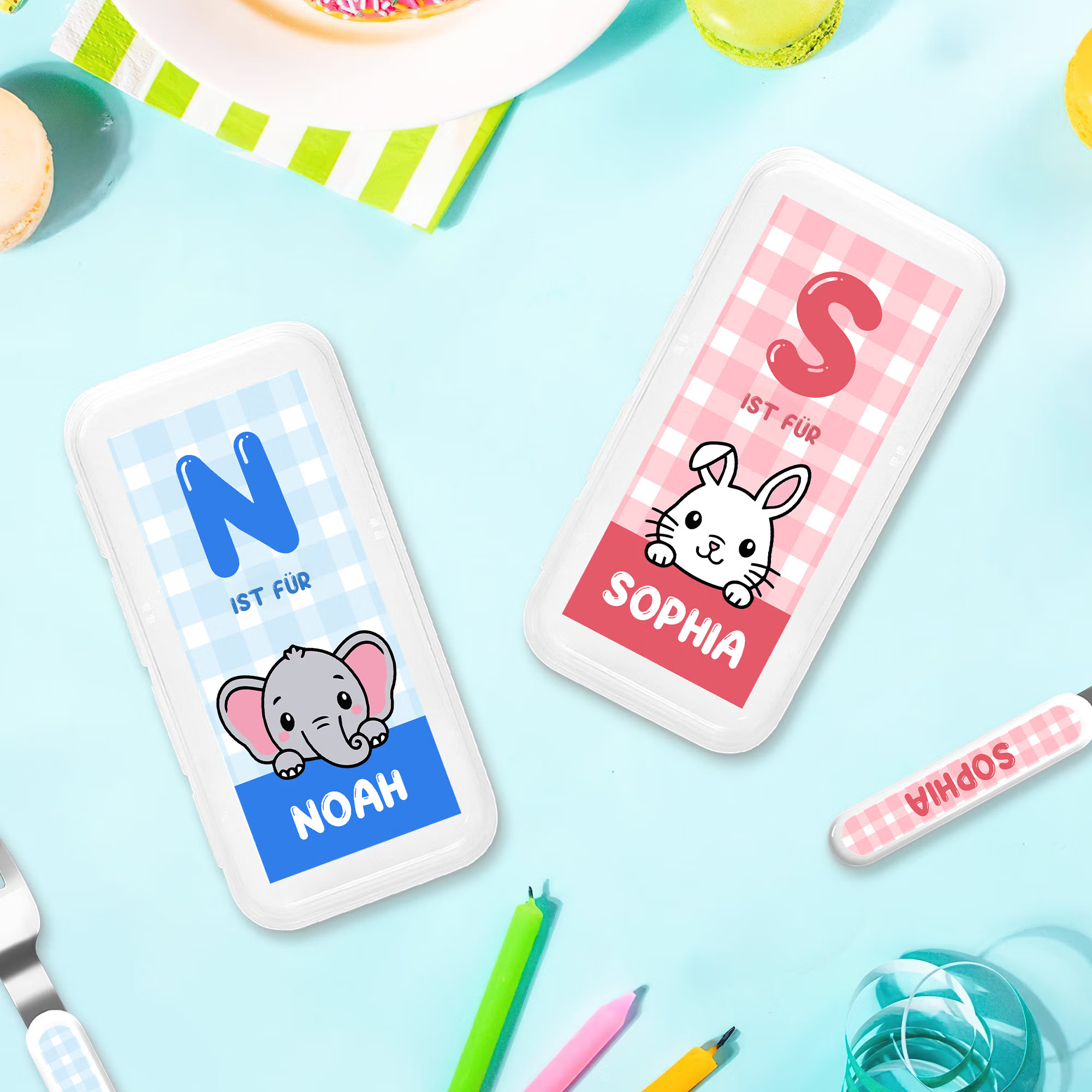Personalisiertes Kinderbesteck (3-teilig) mit Cartoon-Tiermotiv und Namen | Messer Gabel und Löffel | Edelstahl | Geburtstagsgeschenk für Kinder