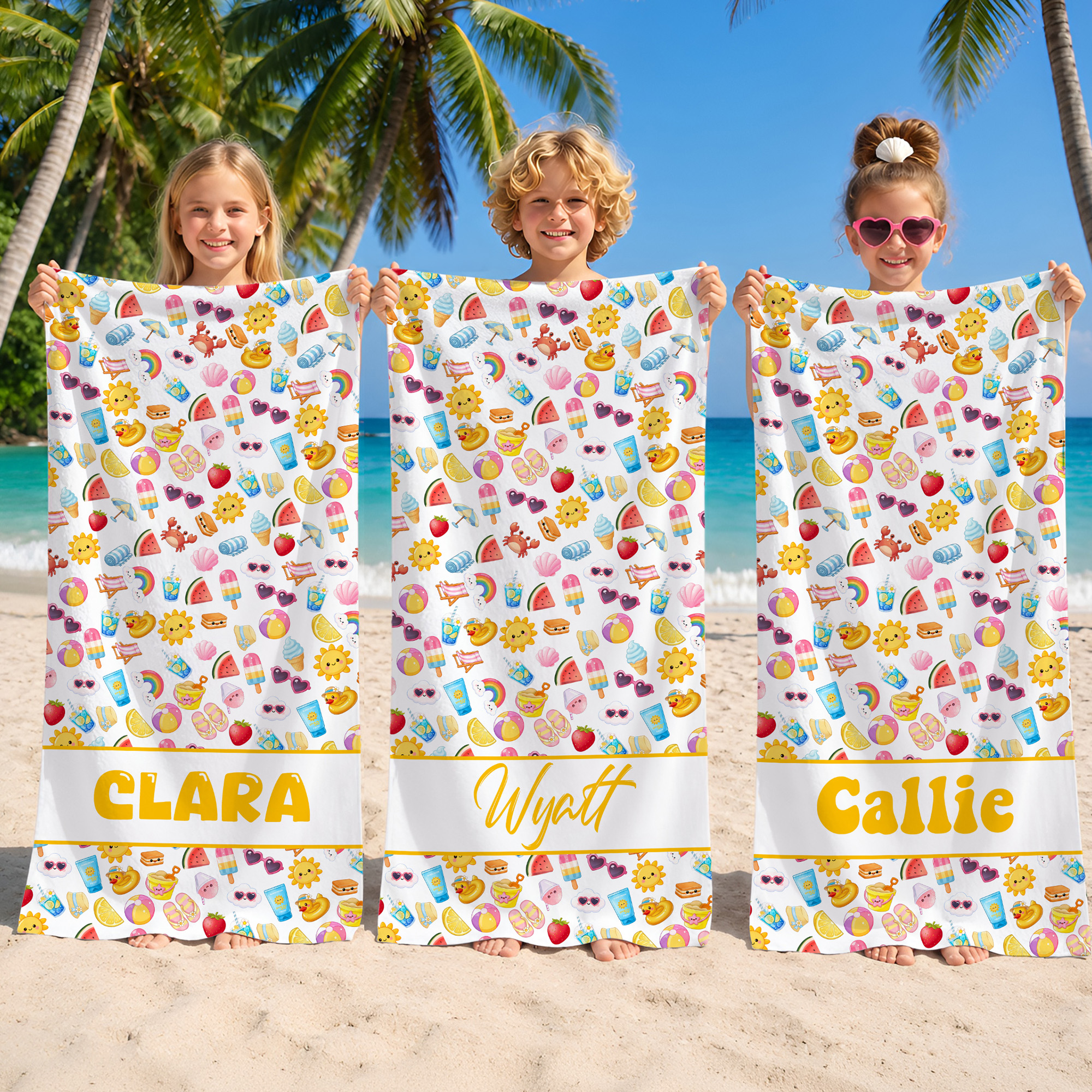 Personalisiertes, niedliches Strandtuch im Oversize-Format mit Eiscreme-, Sonnen-, Krabben- und Wolkenmotiv, schnell trocknend – mit Namen – als Geschenk für Strandpartys und Geburtstage für Kinder, F
