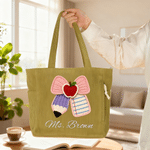 Personalised Imitation Winding Style Bow Teacher Corduroy Tote Bag with Text Daily Use Back to School Birthday Gift for Woman Teacher