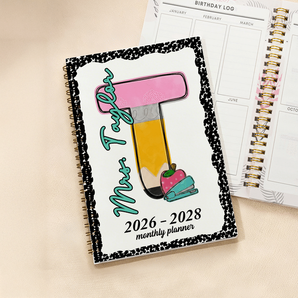 Personalised Pencil Initial 2026-2028 Planner A5 Spiral Notebook with Name and Monthly Planner Pages Birthday Teacher's Day Gift for Teacher