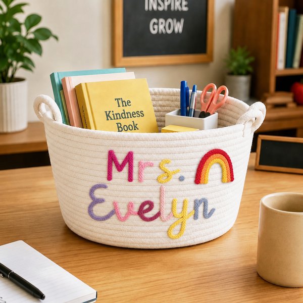 Personalized Rainbow Flower Cotton Woven Storage Basket with Text Teachers' Day Back to School Appreciation Gift for Teachers