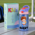 Personalized Cartoon Kid Character 16 oz Straw Water Bottle with Name and Initial Daily Use Back to School Birthday Gift for Kids Soccer Players