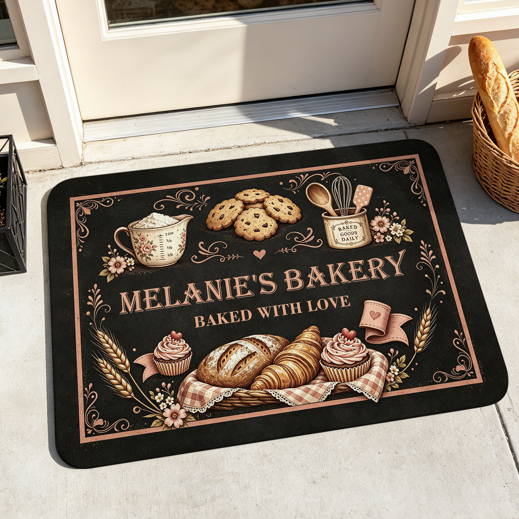 Personalized Creative Baking Element Design Doormat with Text Family Kitchen Bakery Use Opening Housewarming Gift for Baker Baking Enthusiast