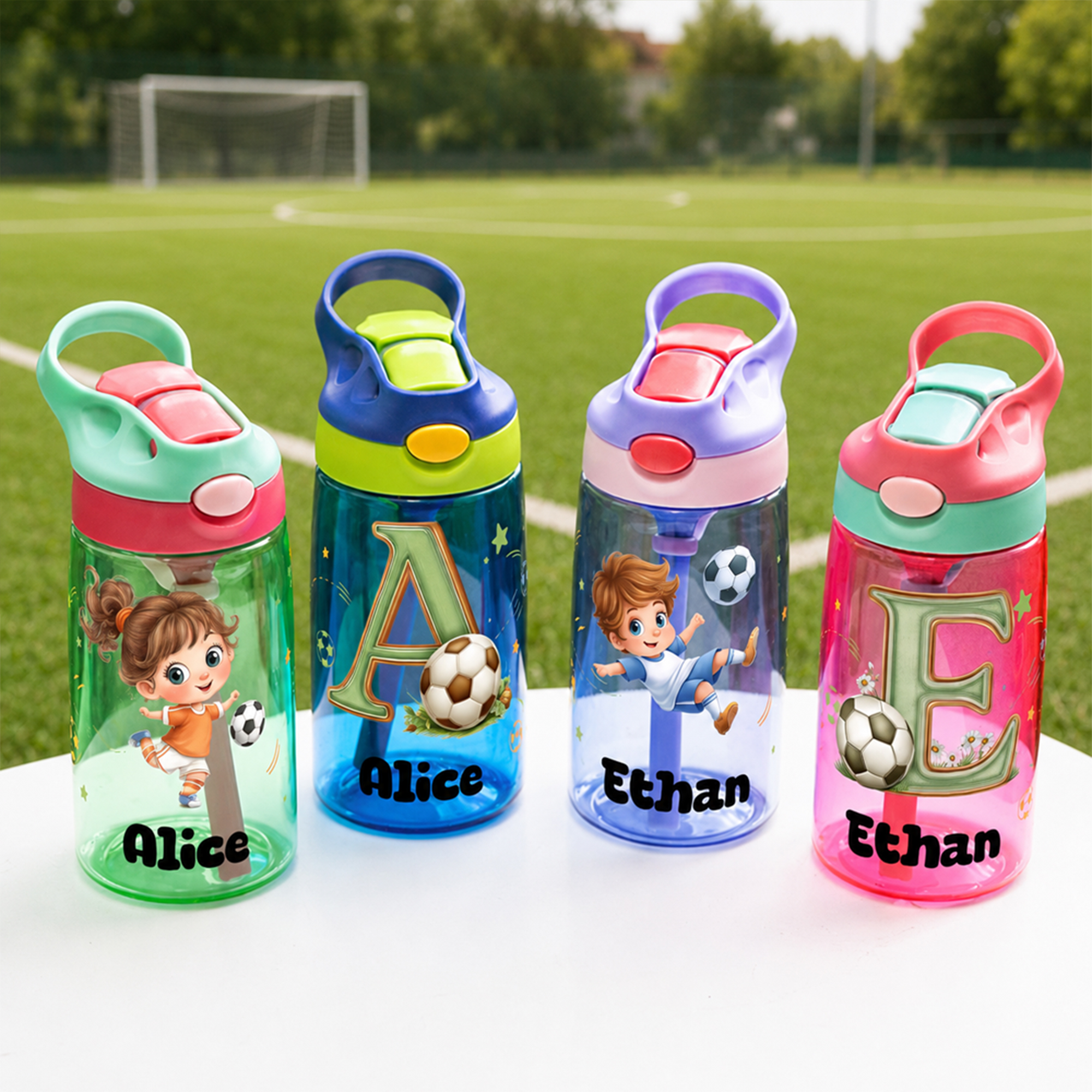 Personalisierte 16-oz-Wasserflasche mit Strohhalm und Cartoon-Figur für Kinder, mit Namen und Initialen – für den täglichen Gebrauch, als Geschenk zum Schulanfang oder zum Geburtstag für Kinder und Fu