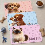 Personalised Pet Photo Paw Print Waterproof Non-Slip PU Leather Pet Food Mat with Name Home Decor Birthday Gift for Pet Lovers