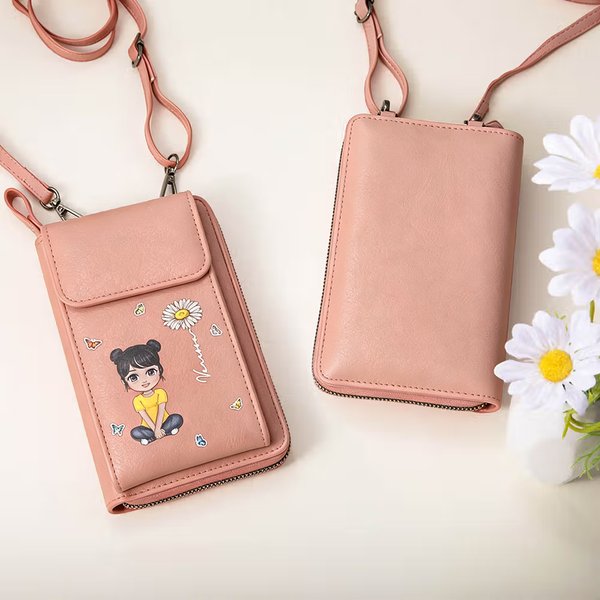 Portefeuille multi-poches en cuir PU personnalisé avec personnage cartoon fleur de naissance et nom - Cadeau anniversaire pour famille amis