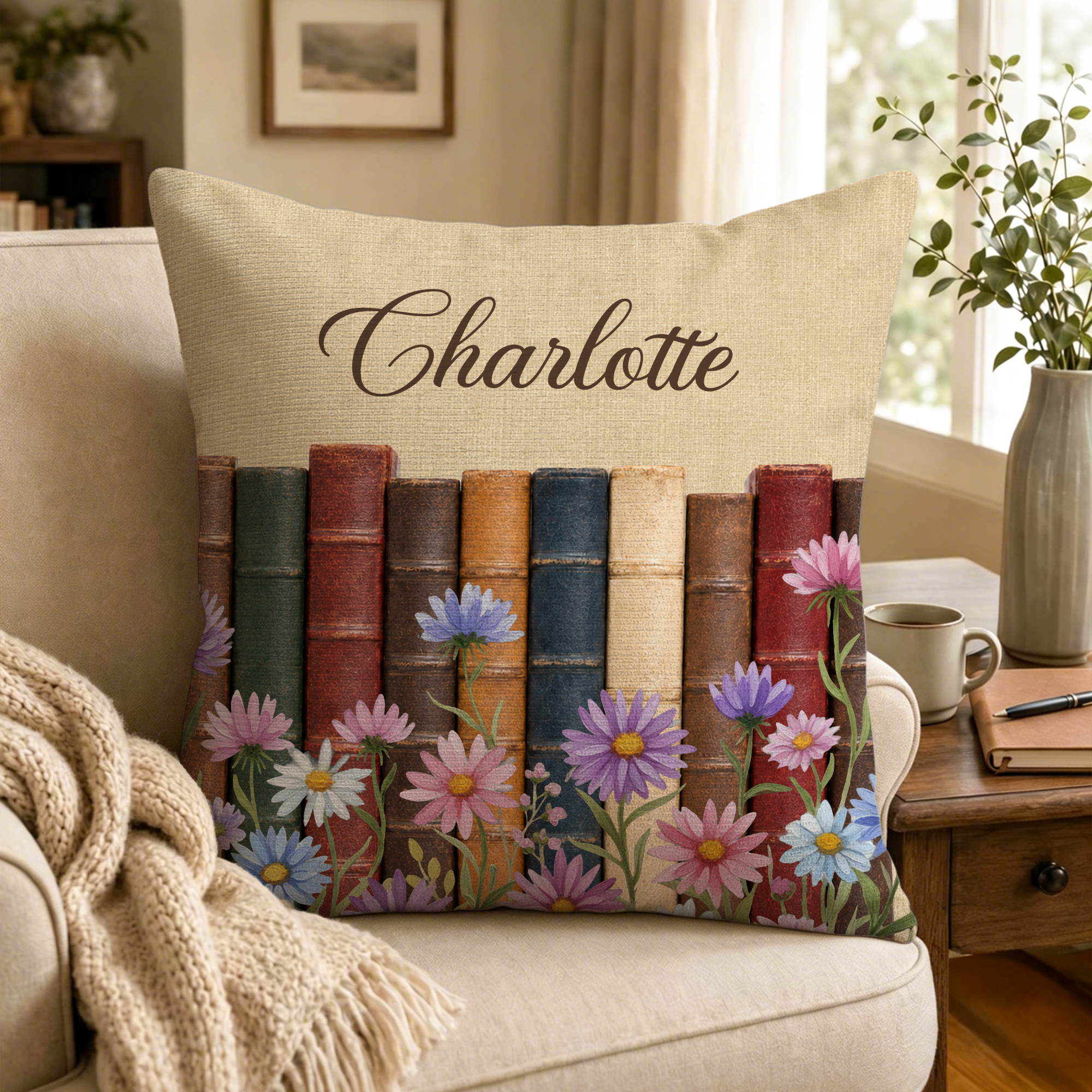 Individuell gestalteter Kissenbezug im Vintage-Stil mit Geburtsblume und Namen – Wohnaccessoire für den täglichen Gebrauch, Geburtstagsgeschenk für Buchliebhaber und Bücherwürmer