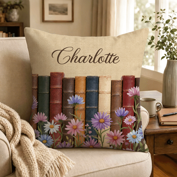 Personalized Vintage Book Birth Flower Throw Pillow Cover with Name Home Decor Daily Use Birthday Gift for Book Lovers Bookworms