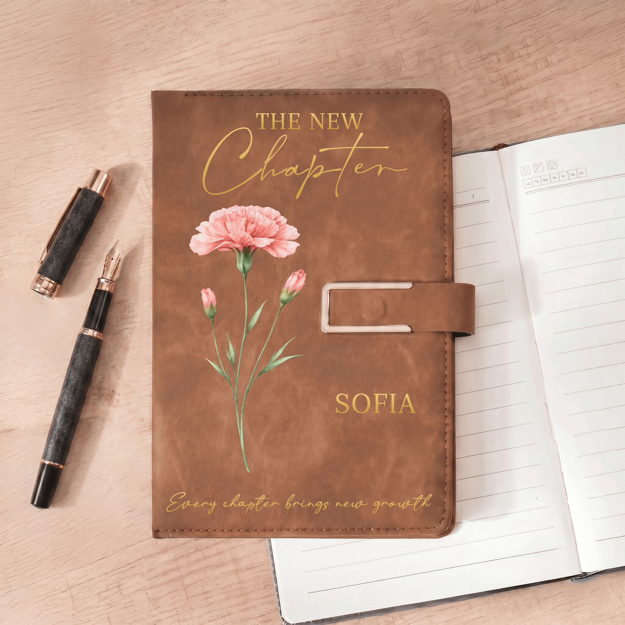 Personalized The New Chapter Birth Flower A5 PU Leather Notebook with Name and Text Retirement Birthday Gift for Retiree Bookworm