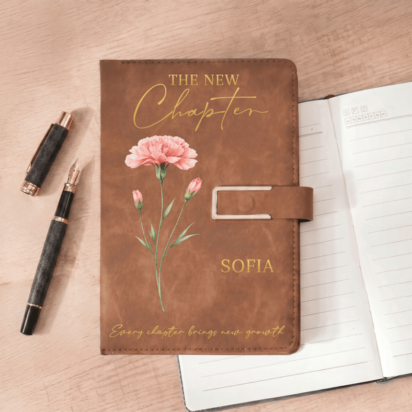 Personalized The New Chapter Birth Flower A5 PU Leather Notebook with Name and Text Retirement Birthday Gift for Retiree Bookworm