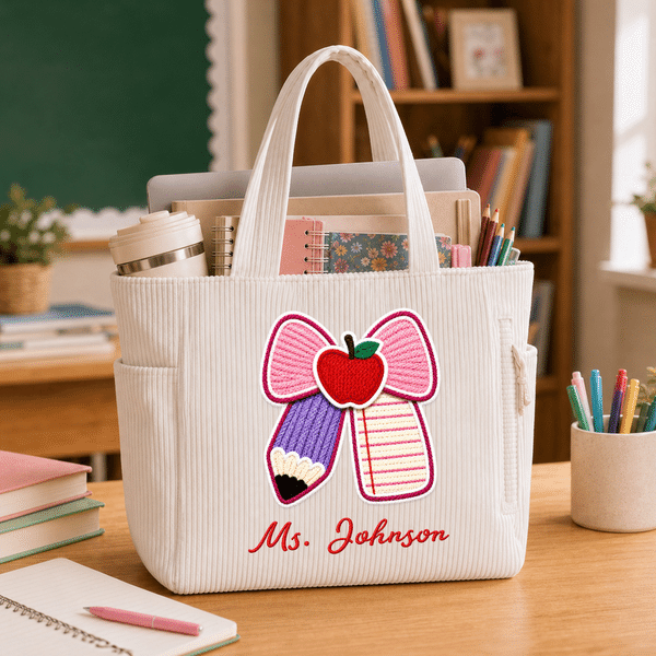 Personalised Imitation Winding Style Bow Teacher Corduroy Tote Bag with Text Daily Use Back to School Birthday Gift for Woman Teacher
