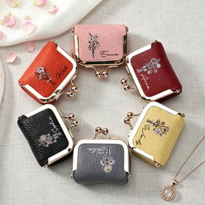 Personalised Birth Flower Portable Genuine Leather Mini Jewellery Case with Kiss Lock and Name Birthday Gift for Family Besties