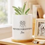 Personalised Never Forgotten Line Drawing Succulent Planter Pot with Bamboo Tray and Pet Name Sympathy Loss of Pet Memorial Gift for Pet Owner