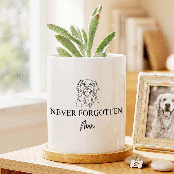 Personalised Never Forgotten Line Drawing Succulent Planter Pot with Bamboo Tray and Pet Name Sympathy Loss of Pet Memorial Gift for Pet Owner