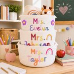 Personalized Rainbow Flower Cotton Woven Storage Basket with Text Teachers' Day Back to School Appreciation Gift for Teachers