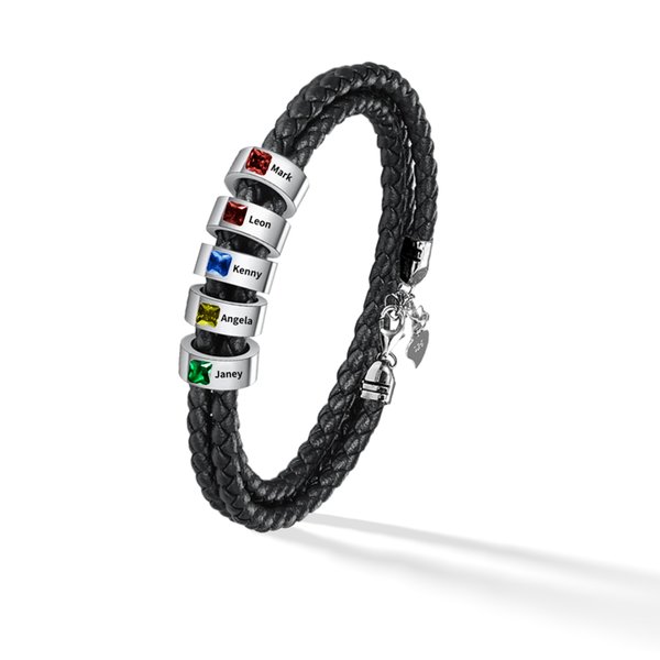 Personalized Braided Leather Birthstone Bracelet with Name