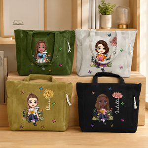 Borsa tote in velluto a coste personalizzata, con fiore di nascita, personaggio che legge e nome - Regalo di compleanno per amanti di libri