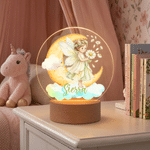 Veilleuse LED en acrylique « Fairy Moon » personnalisée avec la fleur de naissance, le prénom et un socle en bois – Cadeau d'anniversaire pour nouveau-né