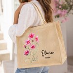 Personalised Birth Flower Large Capacity Jute Tote Bag with Name and Text Wedding Anniversary Birthday Gift for Mum Grandma Bridesmaid