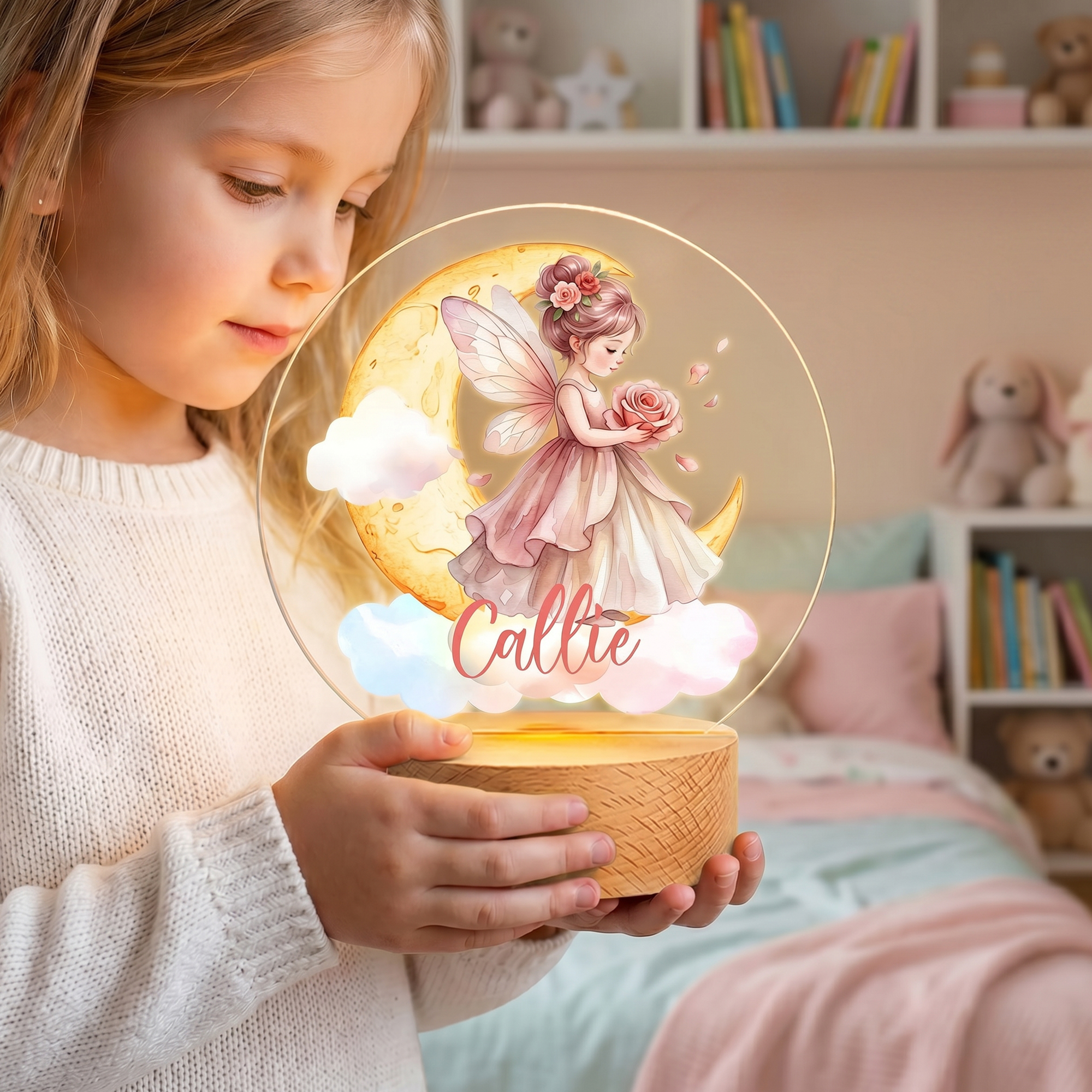 Personalisiertes „Birth Flower Fairy Moon“-LED-Nachtlicht aus Acryl mit Namen und Holzsockel – Geburtstagsgeschenk für Neugeborene
