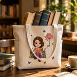 Personalised Cartoon Reading Character Birth Flower Large Capacity Corduroy Tote Bag with Name Travel Essential Birthday Gift for Book Lover Bookworm