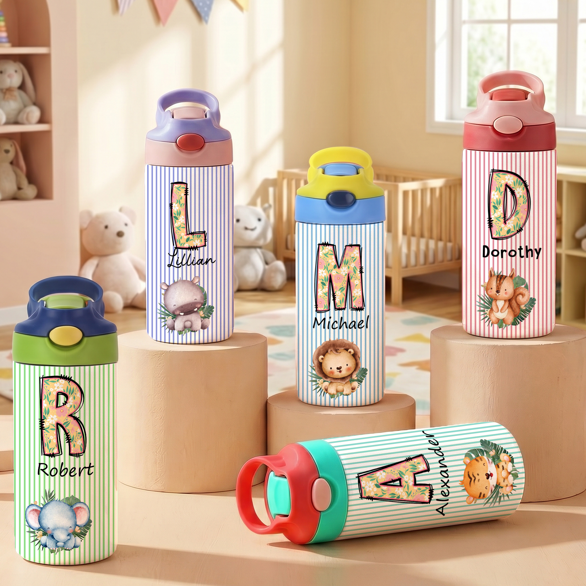 Personalisierte, niedliche Kinder-Isolierflasche (12 oz) mit Tiermotiv und Streifenmuster, mit Initiale und Namen – als Geschenk zum Schulanfang oder Geburtstag für Jungen, Mädchen und Schüler
