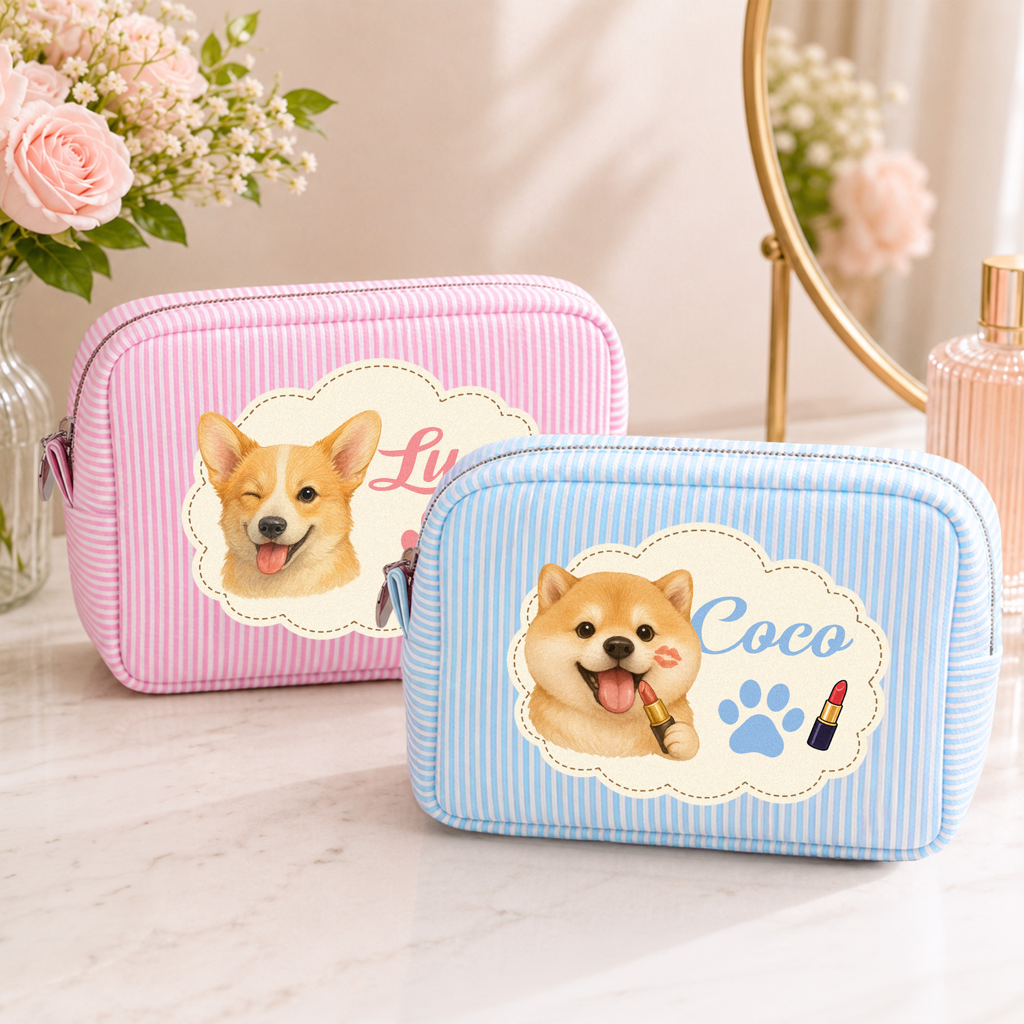 Personalisierte, niedliche Kosmetiktasche mit Haustierfoto und Streifenmuster sowie Namensaufdruck – unverzichtbarer Reisebegleiter und Geburtstagsgeschenk für Tierliebhaber