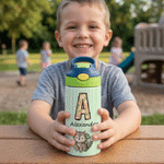 Personalised Cute Animal Stripe 12 oz Insulated Kid Water Bottle with Initial and Name Back to School Birthday Gift for Boys Girls Students