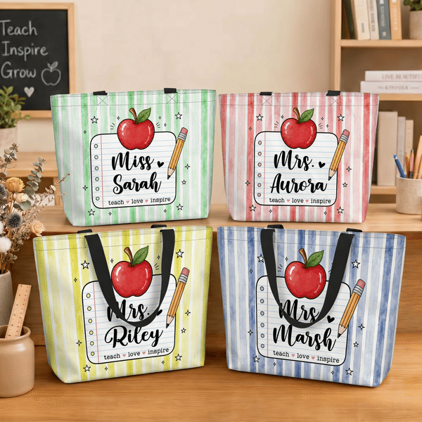 Personalised Apple Pencil Notebook Multicolour Stripe Large Tote Bag with Text Daily Use Back to School Teacher's Day Gift for Teachers Educators
