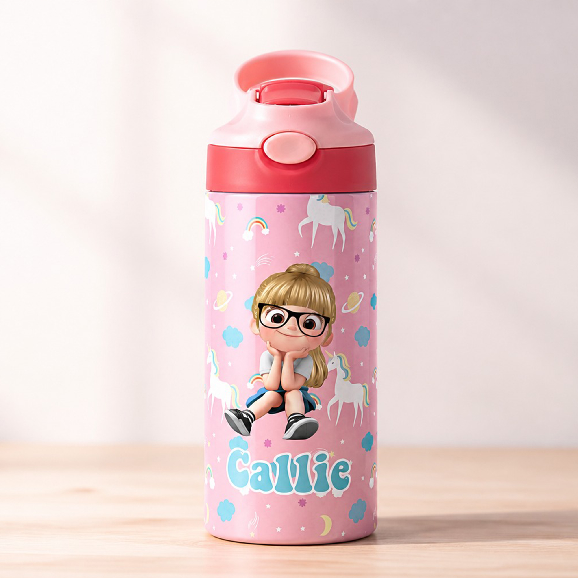 Personalisierte Kinder-Isolierflasche (12 oz) mit Einhorn-, Weltraum- und Dinosaurier-Motiv – mit Namen – als Geschenk zum Schulanfang oder Geburtstag für Jungen und Mädchen