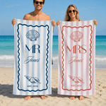 Personalised Mr and Mrs Striped Quick Dry Oversized Beach Towel with Family Name Honeymoon Wedding  Gift for Couple