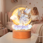Veilleuse LED en acrylique « Fairy Moon » personnalisée avec la fleur de naissance, le prénom et un socle en bois – Cadeau d'anniversaire pour nouveau-né